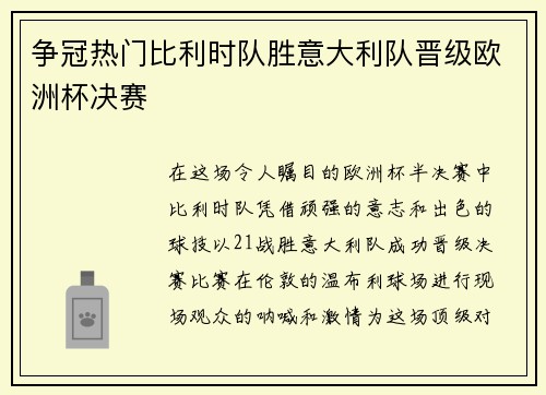争冠热门比利时队胜意大利队晋级欧洲杯决赛