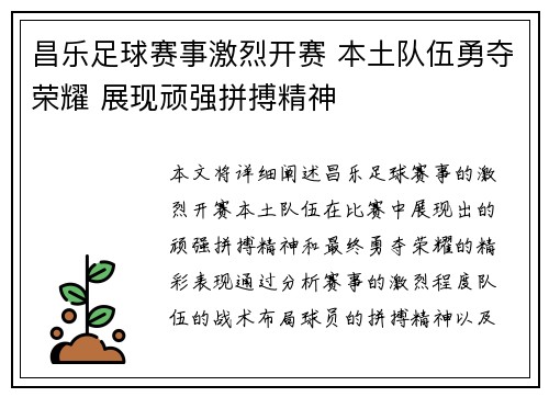 昌乐足球赛事激烈开赛 本土队伍勇夺荣耀 展现顽强拼搏精神