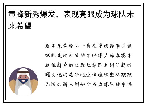 黄蜂新秀爆发，表现亮眼成为球队未来希望