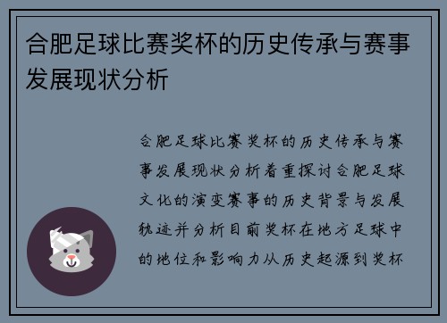 合肥足球比赛奖杯的历史传承与赛事发展现状分析