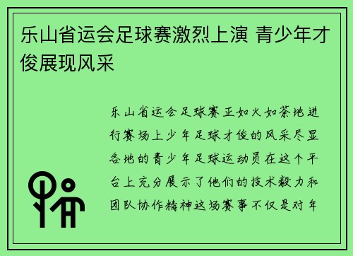 乐山省运会足球赛激烈上演 青少年才俊展现风采