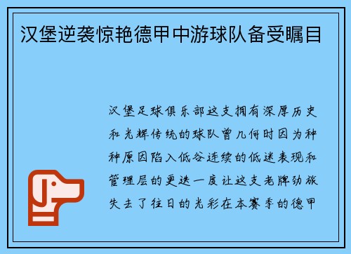 汉堡逆袭惊艳德甲中游球队备受瞩目