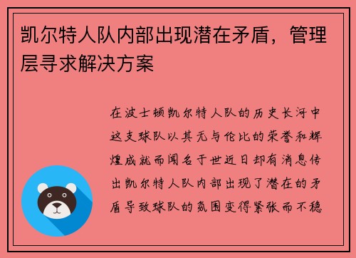 凯尔特人队内部出现潜在矛盾，管理层寻求解决方案