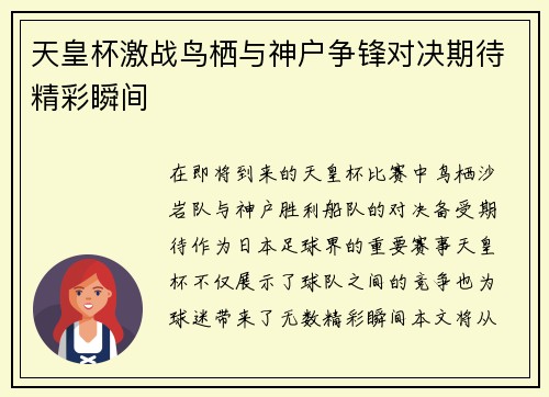 天皇杯激战鸟栖与神户争锋对决期待精彩瞬间