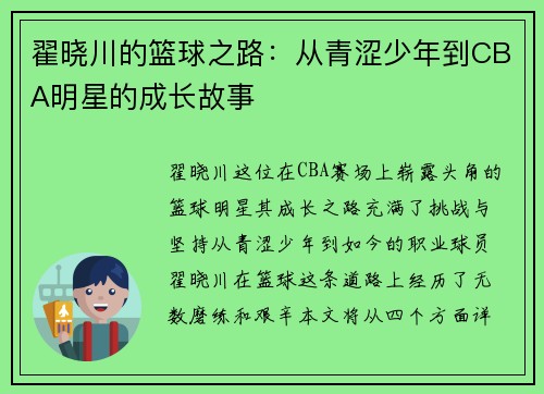翟晓川的篮球之路：从青涩少年到CBA明星的成长故事