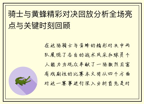 骑士与黄蜂精彩对决回放分析全场亮点与关键时刻回顾