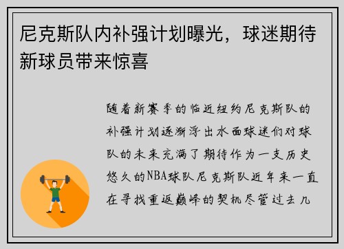 尼克斯队内补强计划曝光，球迷期待新球员带来惊喜