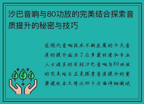 沙巴音响与80功放的完美结合探索音质提升的秘密与技巧