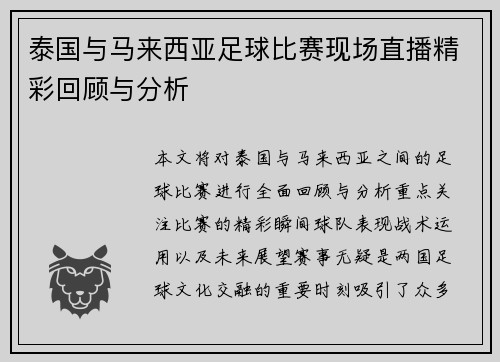 泰国与马来西亚足球比赛现场直播精彩回顾与分析