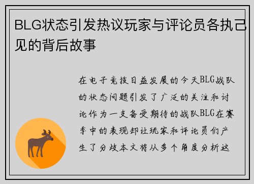 BLG状态引发热议玩家与评论员各执己见的背后故事