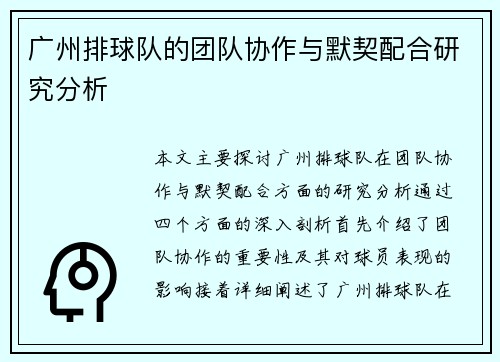 广州排球队的团队协作与默契配合研究分析
