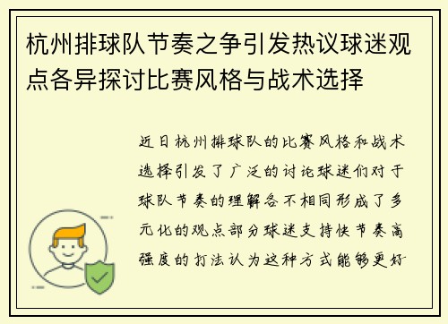 杭州排球队节奏之争引发热议球迷观点各异探讨比赛风格与战术选择