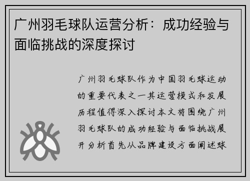 广州羽毛球队运营分析：成功经验与面临挑战的深度探讨